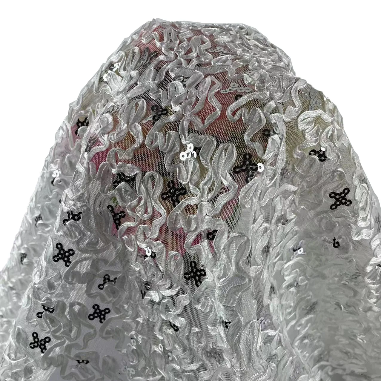 2023 New Lace Mesh White Sequins Embroider Dance Wear Costume Wedding 130 Width Fashion Design American