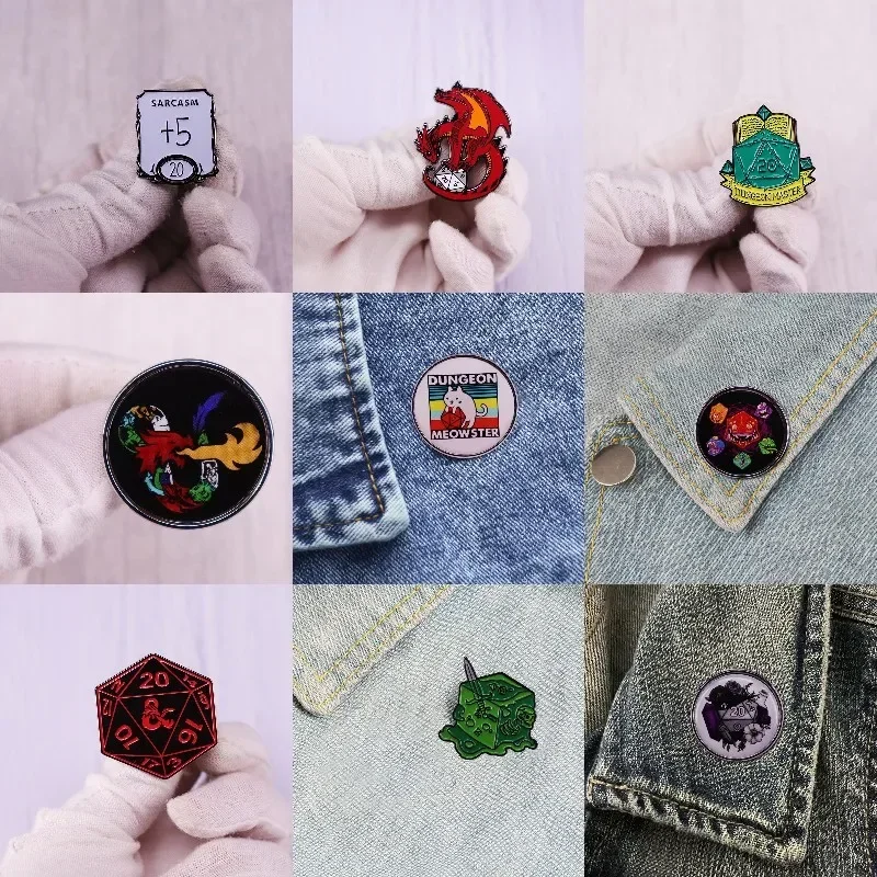 Hard Enamel Pins Fun Card Game Lapel Pin Dice Dragons Cat Badge Cartoon Animals Jewelry for Clothes Backpack Gifts for Game Fans