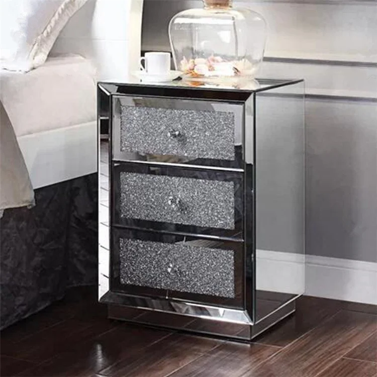 Modern Light Luxury Silver Wooden Bedside Table Bedroom Custom Furniture High Quality Diamond Mirror Side Cabinet