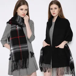 New Luxury Mink Cashmere Pocket Small Lattice Tassel Scarf Winter Warm Cloak Women Poncho Shawl