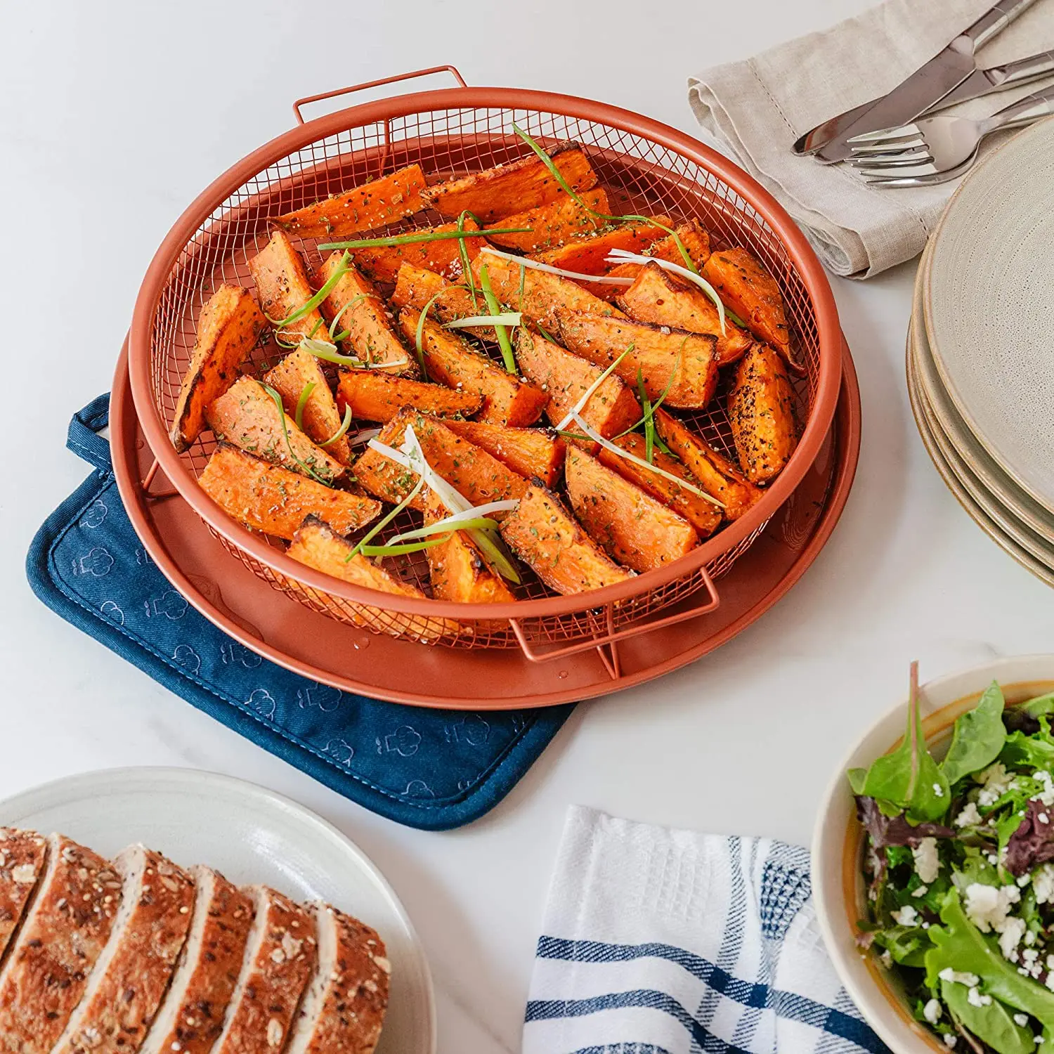 Non-Stick Baking Tray with Grill Crispy Basket Copper Crisper Pan Set Deluxe Air Fry in Your Oven, 2-Piece Set, Baking Pan