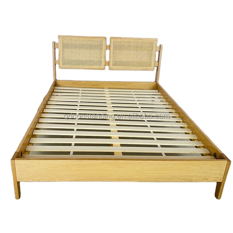 ODM OEM Factory Wholesale Modern Luxury Wooden Queen Size Bed Frame With Natural Rattan Headboard