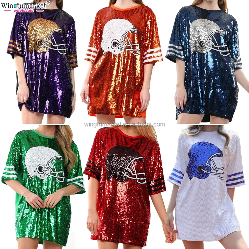 Wholesale cheerleading uniforms glitter t shirt mini dress tiger orange red woman game day sequin football women dresses