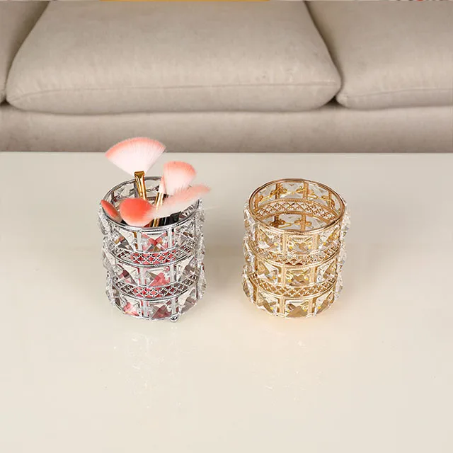 European luxury gold and silver eyebrow comb brush study office decoration metal crystal makeup brush holder