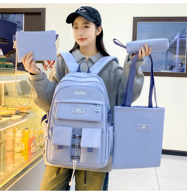 Simple Plain Color Schoolbag Set 4 Pcs Outdoor Waterproof Travel School Backpacks Mochilas Large Capacity Student Bag
