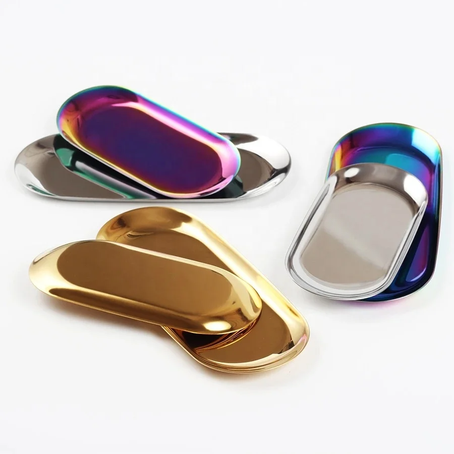 Oval Silver Gold Black Rainbow Metal Stainless Steel Snack Dessert Trinket Jewelry Rolling Serving Trays