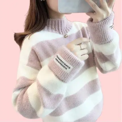 New Arrival Korea Style High Neck Winter Stripe Women Sweater Zippered Button Storage Featuring Fruit Storage