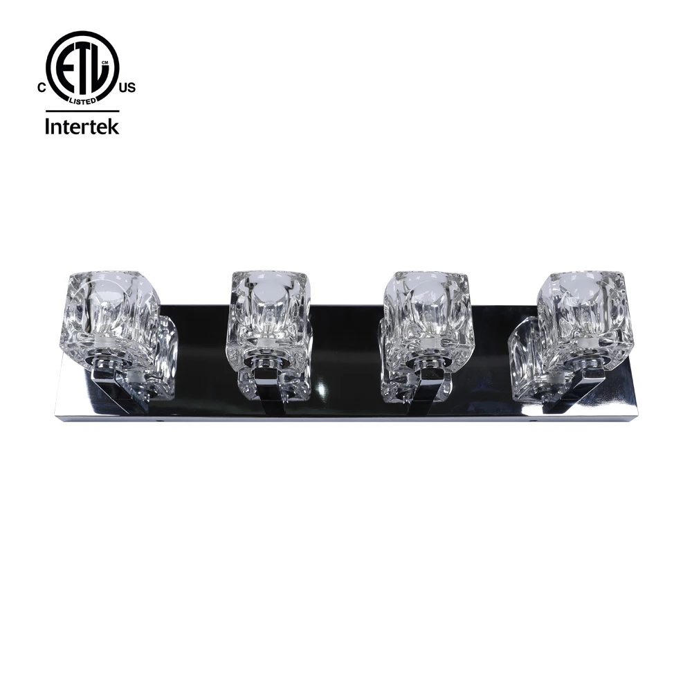 Chrome Finish Clear Glass Luxury Vanity Fixture 4 Light Chrome LED Vanity Light with Clear Cube Glass