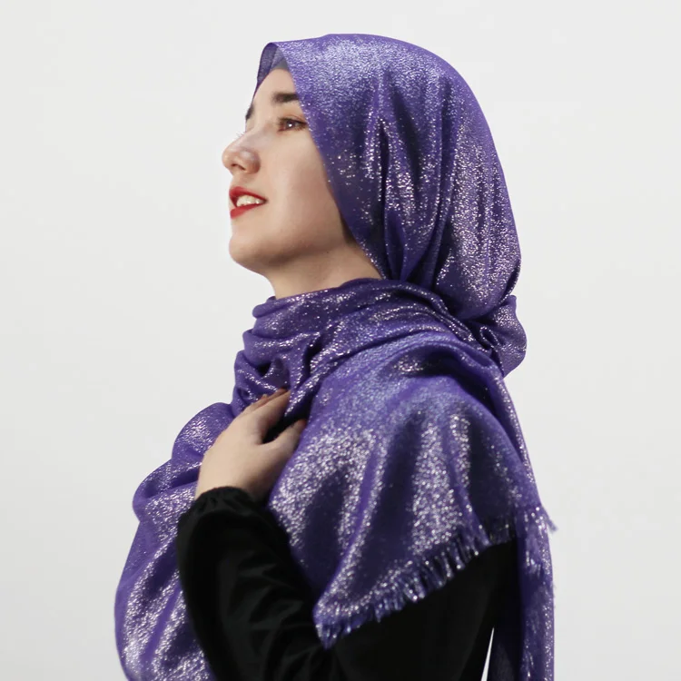 New islamic fashion foulard satin silk glitter hijab polyester head scarf shimmer shawls tassel voile veils for muslim women