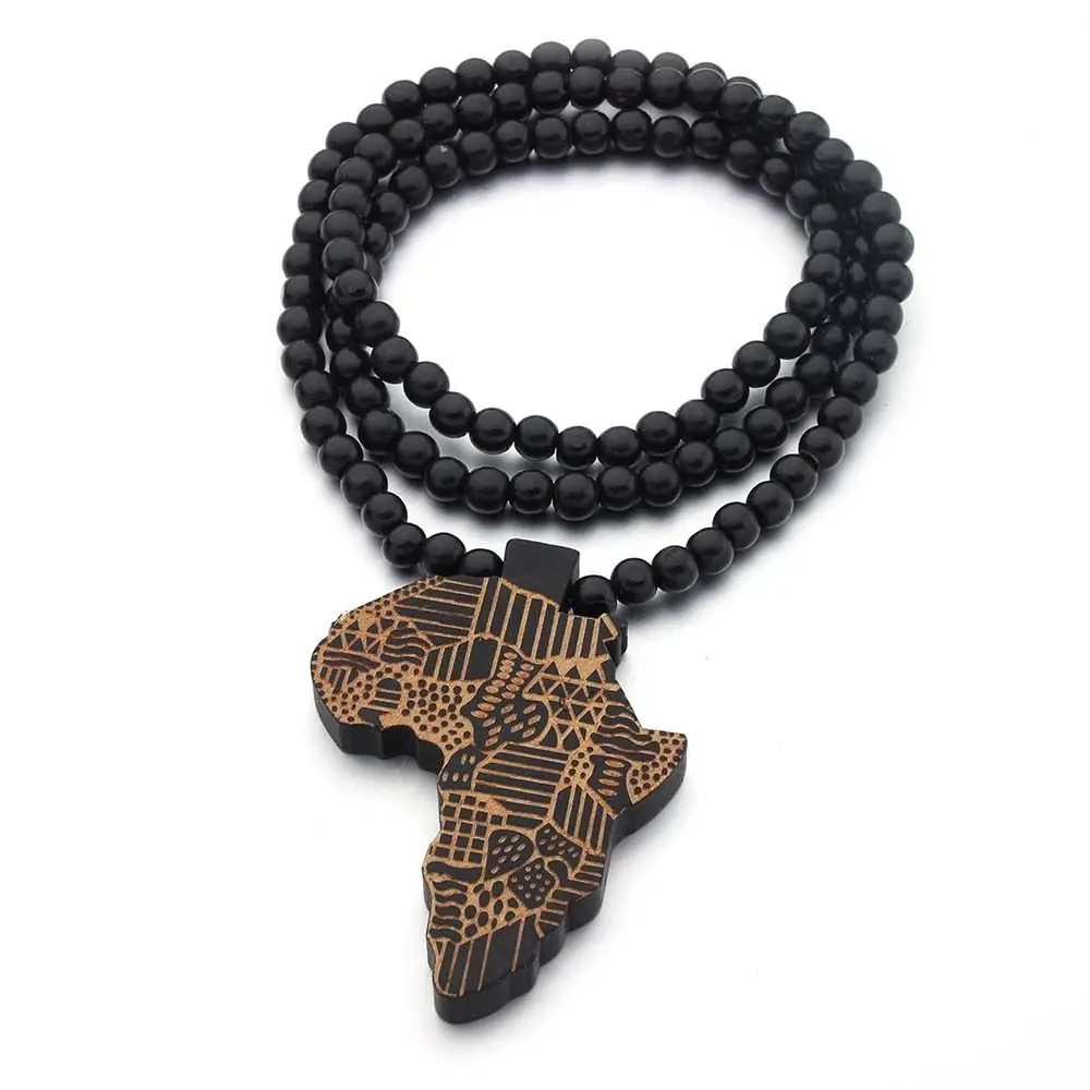 Hot Sell 8MM Wood Beaded Long Chain African Map Pendant Necklace For Women And Men