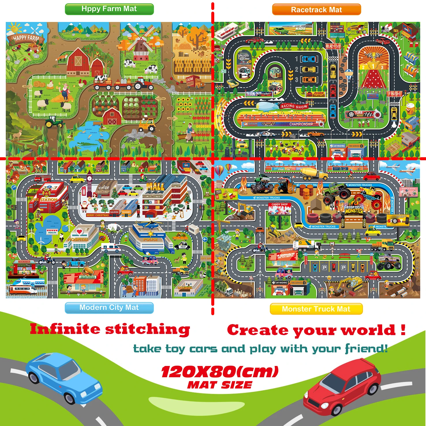 Hot selling children play mat game cloth Racing car traffic scene series gaming mat