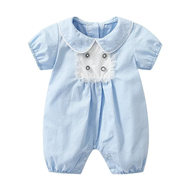 Summer Short-Sleeved Cotton Babies Wears Spanish Style  Naturel Baby Romper Light Blue New Born Baby Jumpsuit