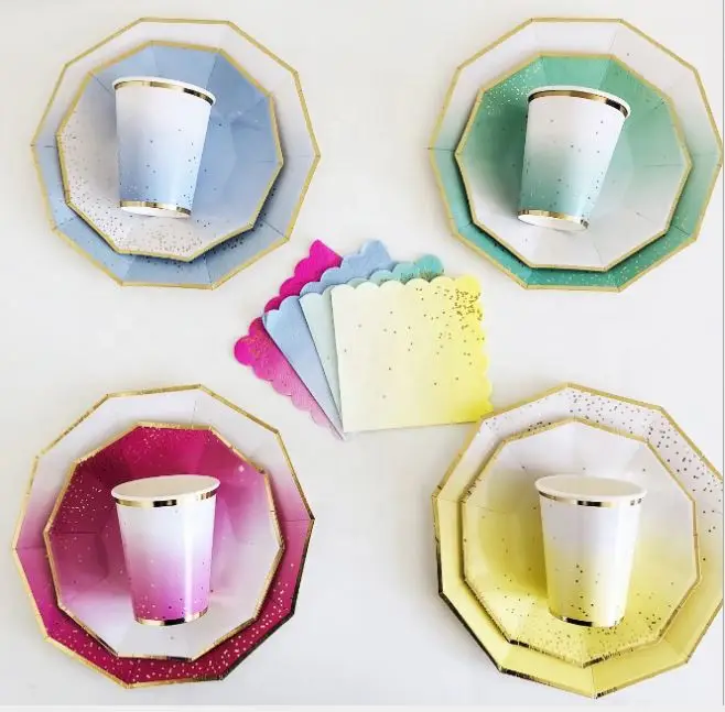 Wholsale price  paper plates dishes Cups Napkins tissues all in one sets eco friendly