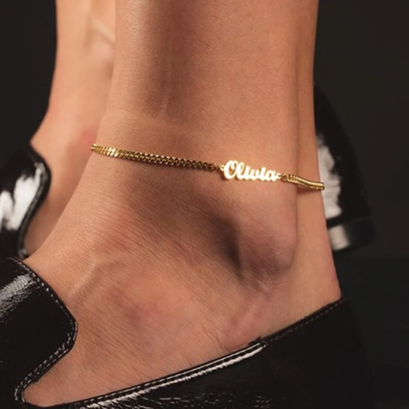 Stainless Steel Cuban Chain Custom Name Anklet Initial Charms Bracelet Personalized Nameplate Ankle Jewelry