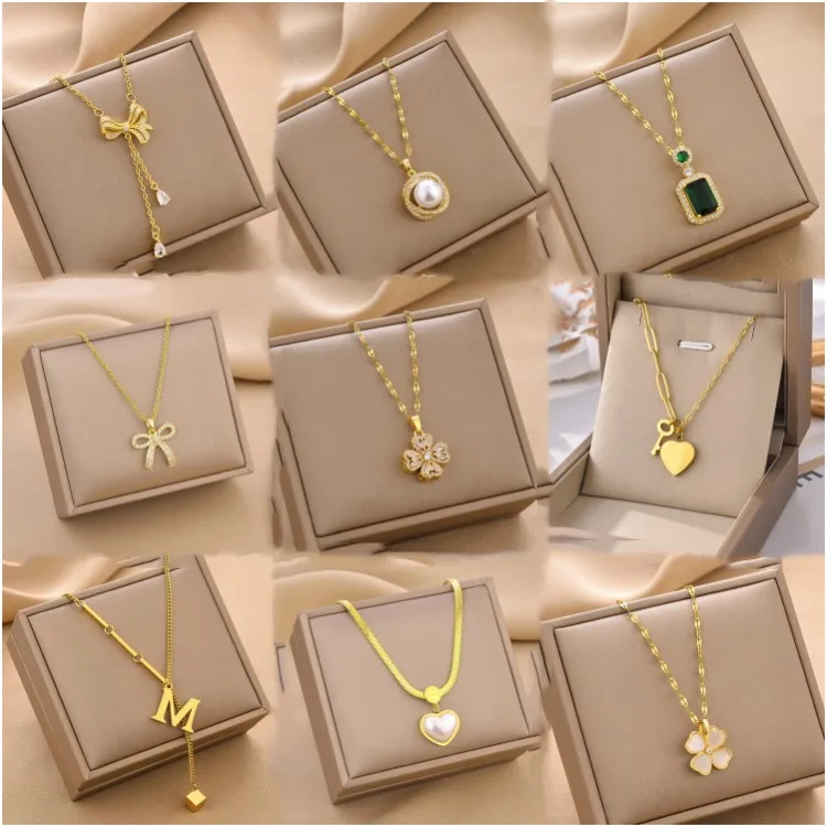 Gold Plated Stainless Steel Pearl Zircon Clover Bow Heart Layered Pendant Necklace Women Opal Letter Pendant Necklace