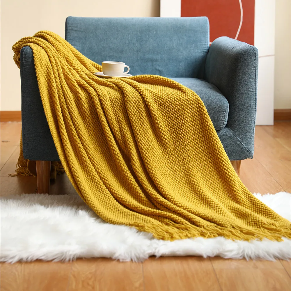 Hot Selling Throw Sofa Blanket  Acrylic Knit  Blanket Decorative Soft Nap Tassel Throw for Chair Bed