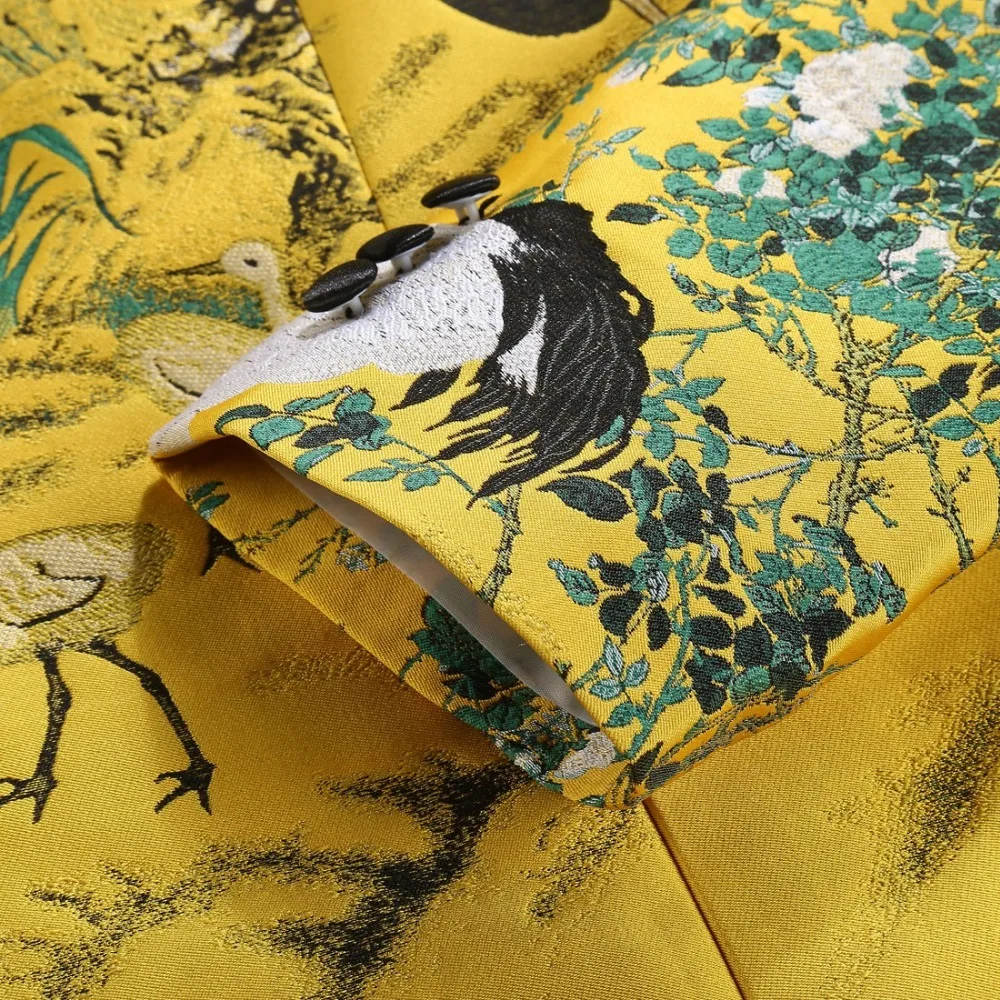 
Mens Fashion Shawl Lapel Jacquard Red-crowned Crane Blazer Gold Yellow Party Singers Costume Wedding Groom Suit Jacket 