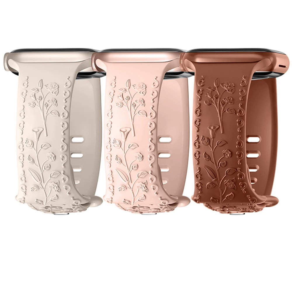 Ladies In Design Bracelet Flowers Engrave Floral Replacement Silicone Straps Woman Bands For Apple Watch Se 40 Mm