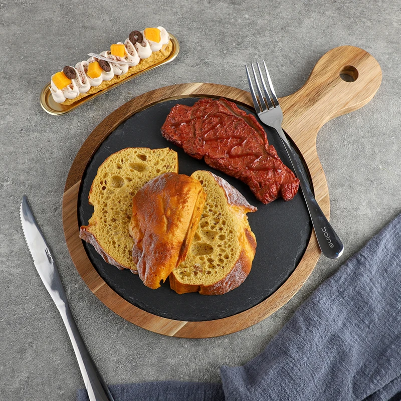 2024 Source factory kitchenware cutting board natural stone slate wood food tray hotel restaurant wooden serving