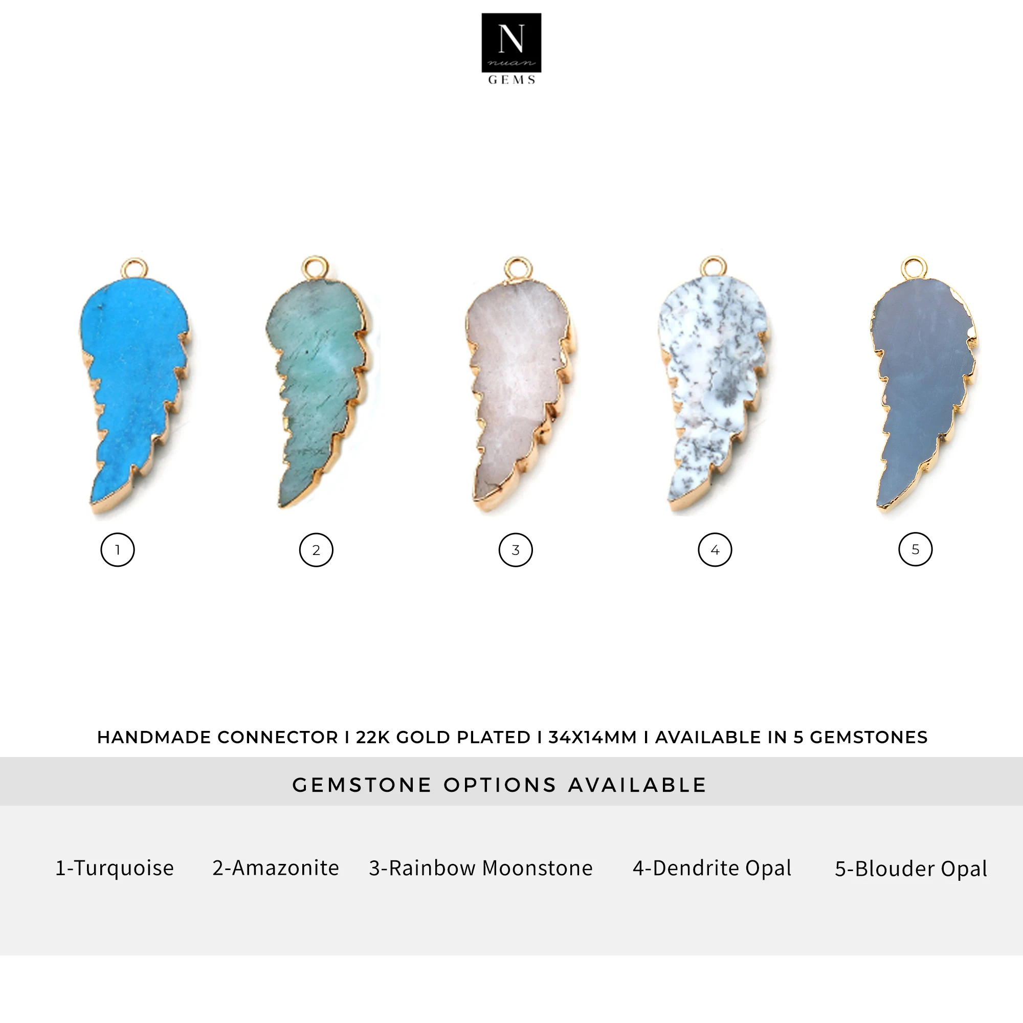 Natural Gemstone Gold Electroplated Angel Wings Charm Necklaces Pendant