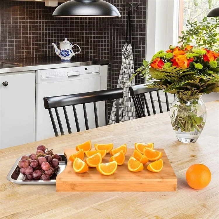 Kitchen Eco-friendly Bamboo Cutting Board With Sliding Stainless Steel Tray Drawer Bamboo Chopping Board