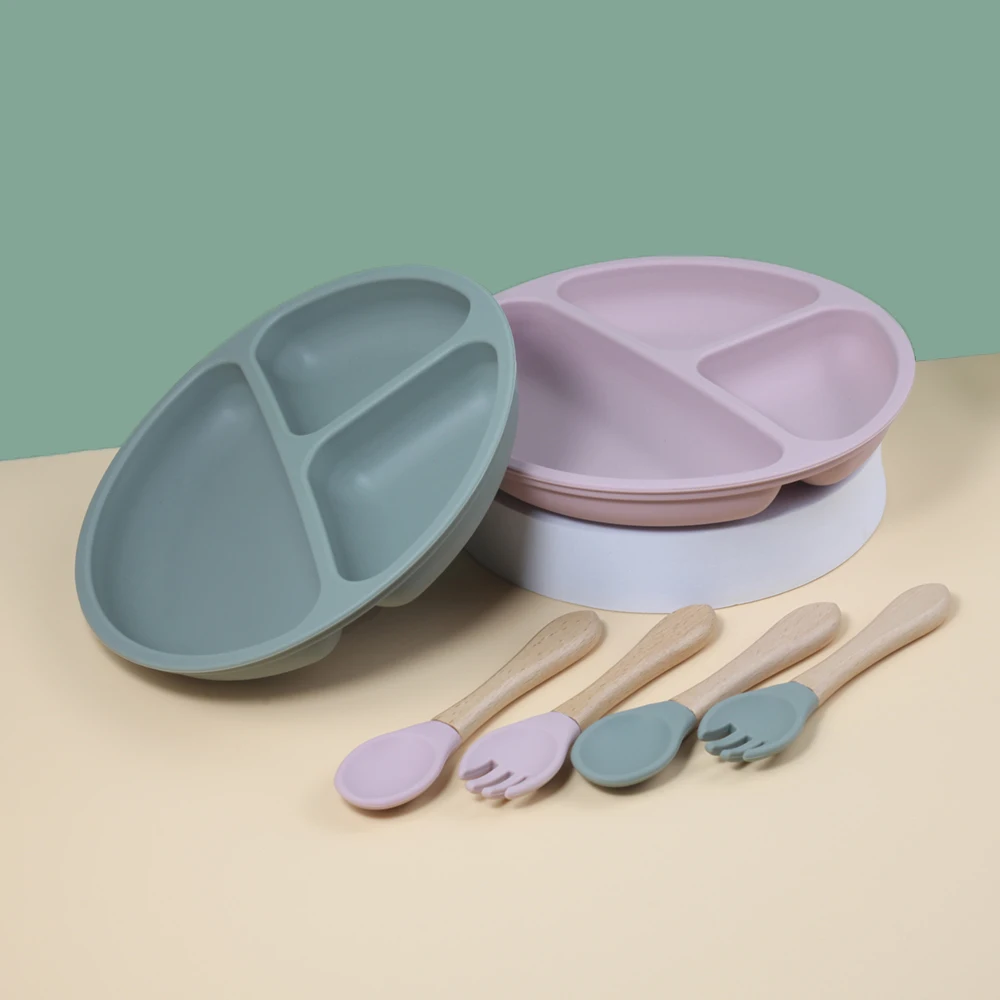 Safe Reusable Silicone Material Food Grade Safe Silicone Plate With Spoon And Fork With Wooden Handle
