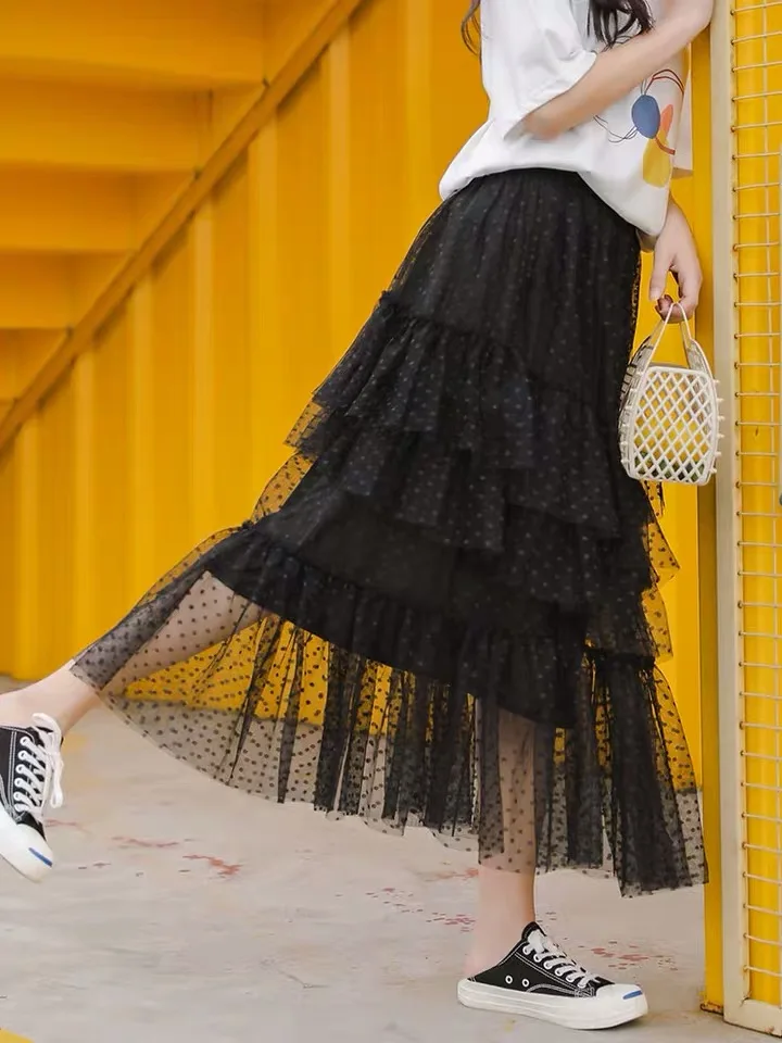 
Layered spot women mesh skirt, gathers women beach skirts, vacation style 