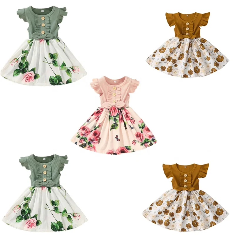 Europe and America Ruffle Kids Floral Dresses in Stock Summer for Girls Full Children Mini Short Sleeve Casual SUNNY Support