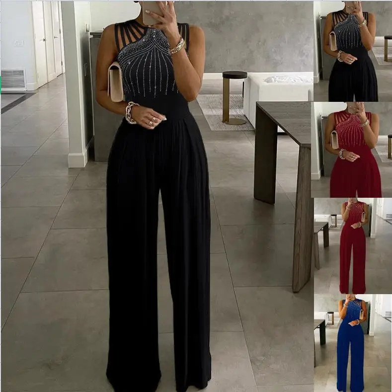 most popular products for womens Brick embellished wide leg jumpsuit with narrow waist and diamond encrusted jumpsuit