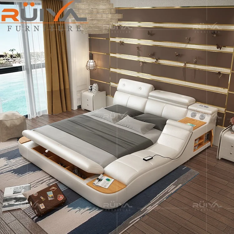 intelligent smart bed Luxury italian bedroom furniture set modern functional king size leather bed with storage