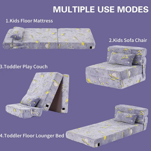 Folding Sofa Bed Floor Mattress for Kids Glow Tri Folding Mattress Kid Fold up Sofa Futon Chair Bed