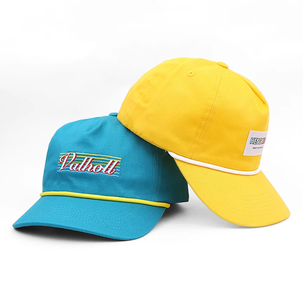 Hengxing youth vintage curve brim snapback hat low profile unstructured embroidered 5 panel hat with rope