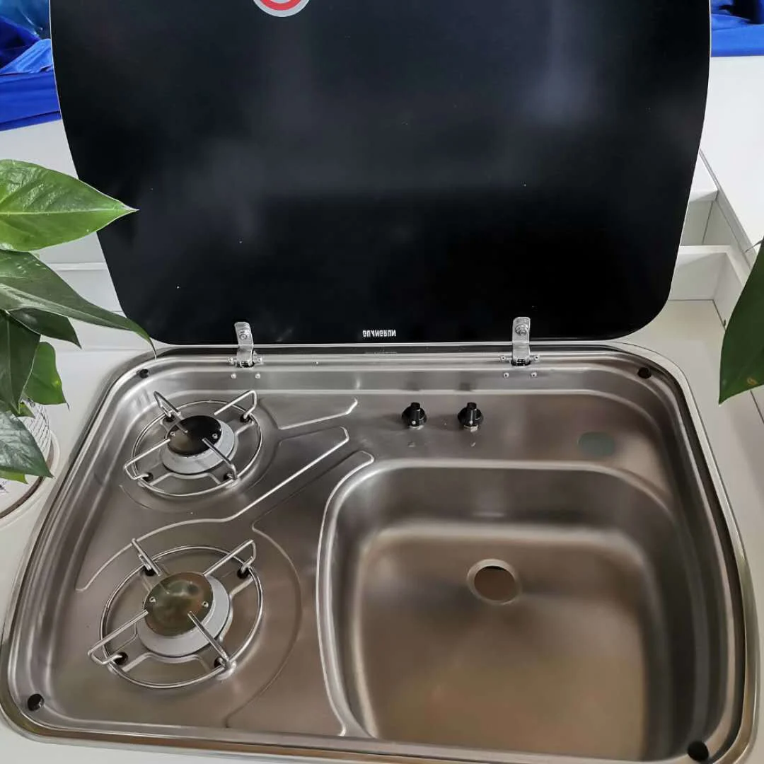 HEYRV 2 Burner Integrated Gas Stove 304 Stainless Steel with Black Glass Cover for Caravan Motorhome & RV Kitchen Sink