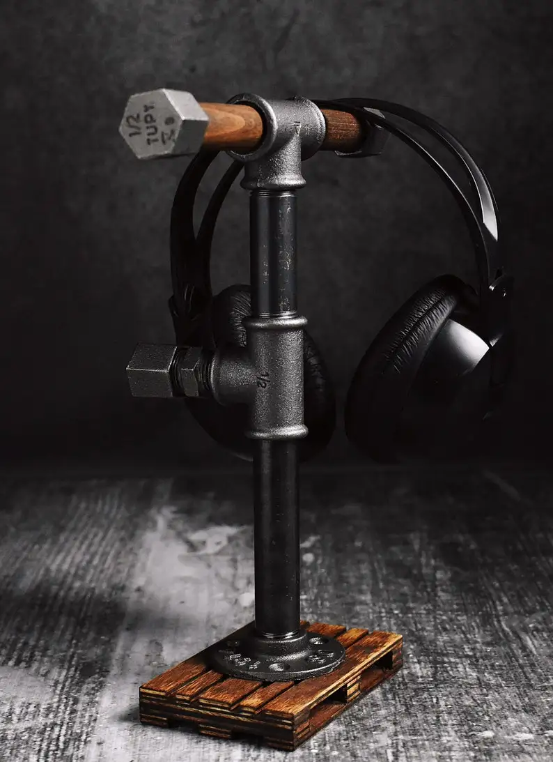 industrial headphones stand hanger by water pipe holder for music lover loft gift