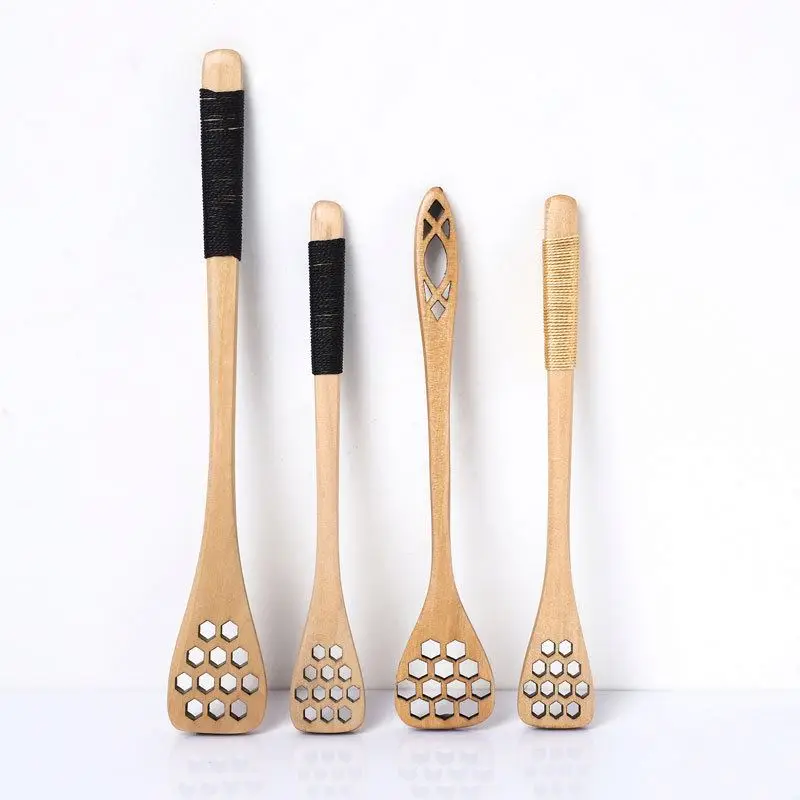 Custom Long Handle Honeycomb Wooden Honey Spoon Solid Wood Honey Stirring Spoon Dessert Jam Stirring Stick Wholesale