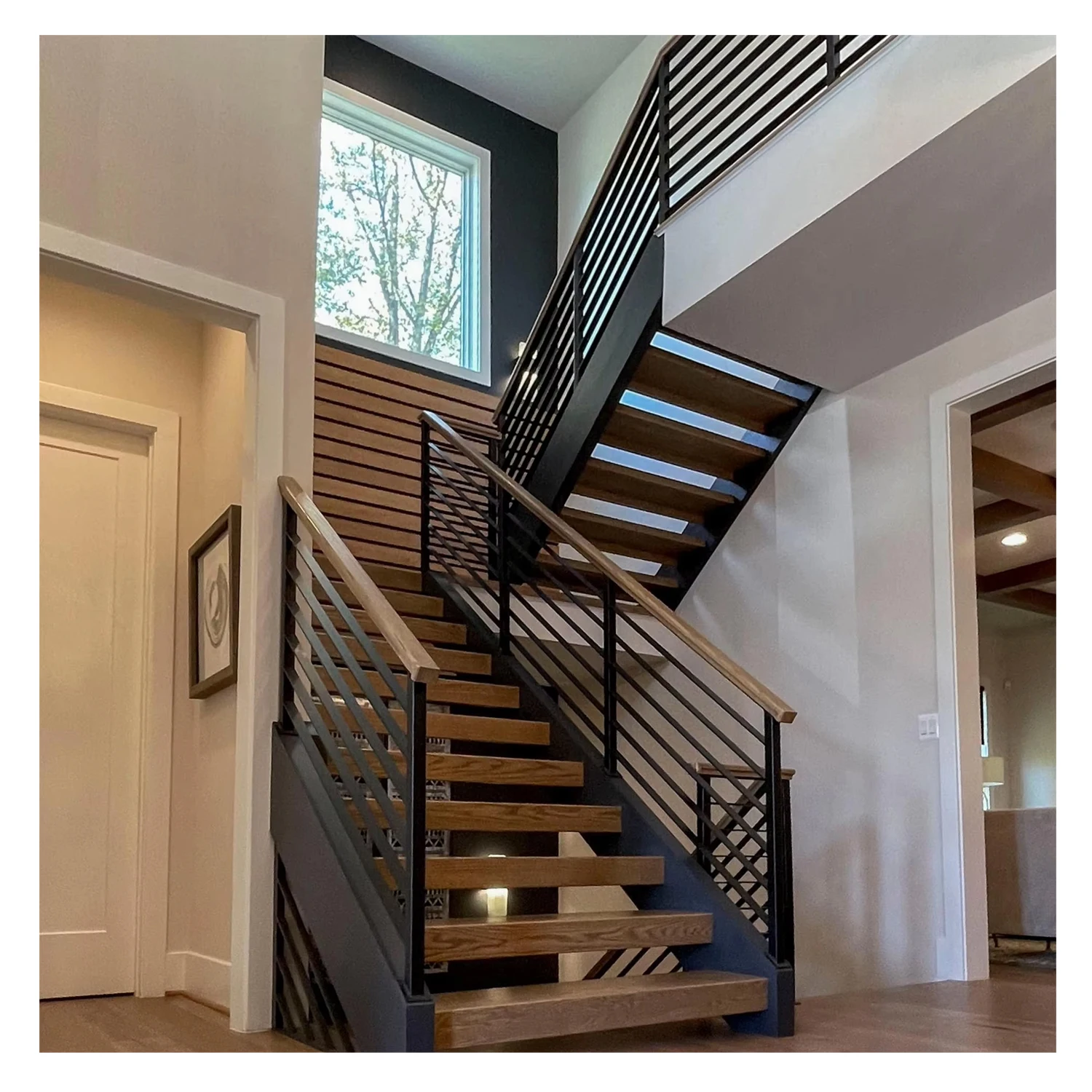 NEW Design Walnut Slab Granite Loft Indoor Folding Wood Stairs Floating and Straight Stairs Staircase