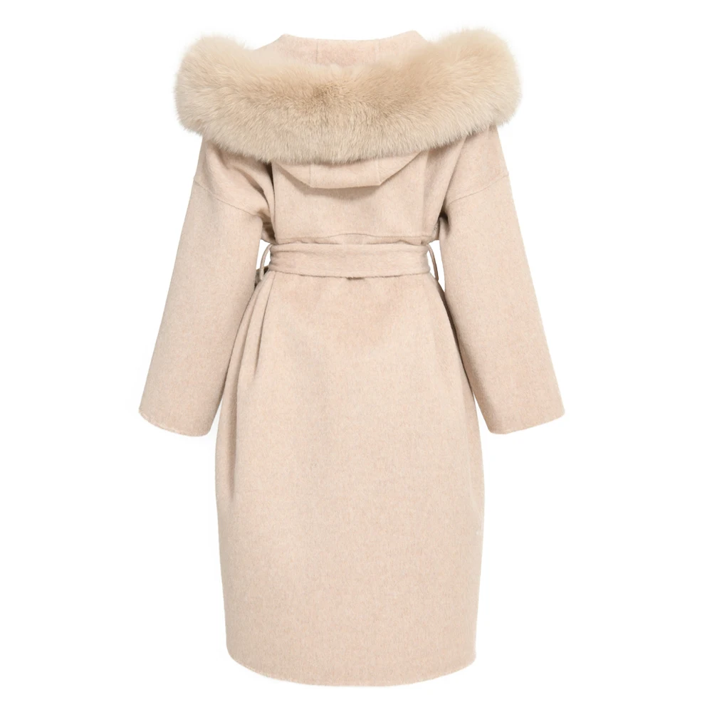 High Quality Cashmere Long Coat Women Winter Real Fox Fur Collar Belt Alpaca Wool Women Hooded Wool Coat