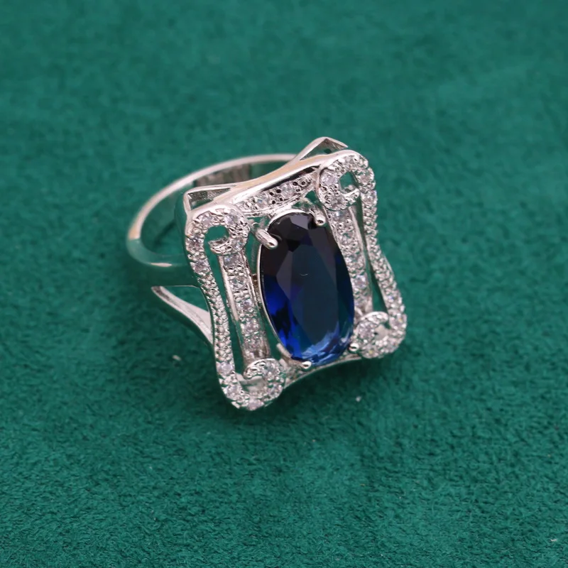 Luxury fine jewelry silver jewelry wholesale blue crystal ring wedding women party gift custom jewelry zircon ring