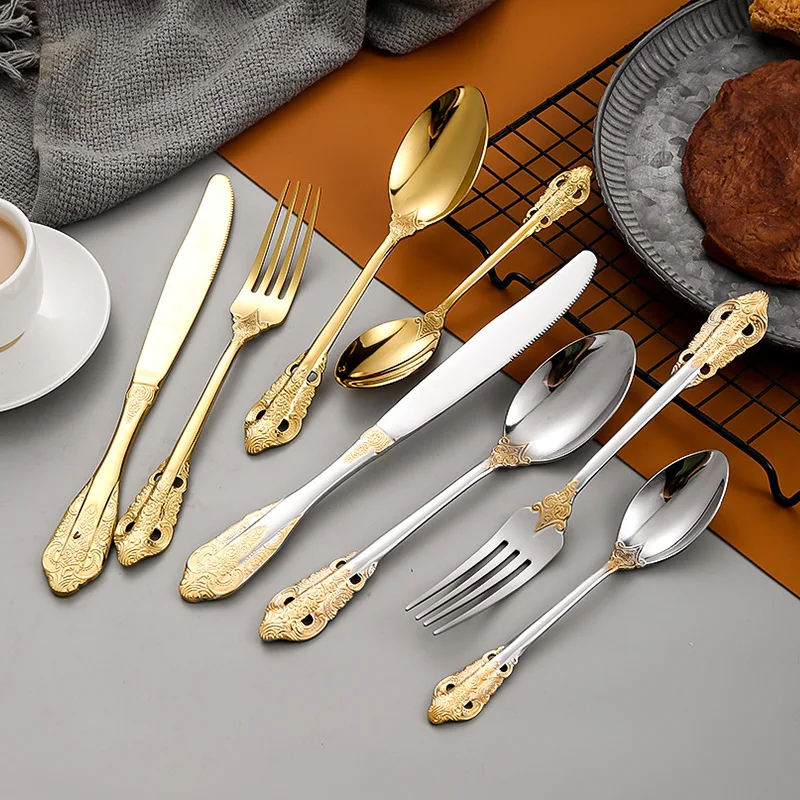 Luxury palace stainless steel retro relief cutlery 4 pcs set restaurant steak knife fork spoon silverware cutlery set