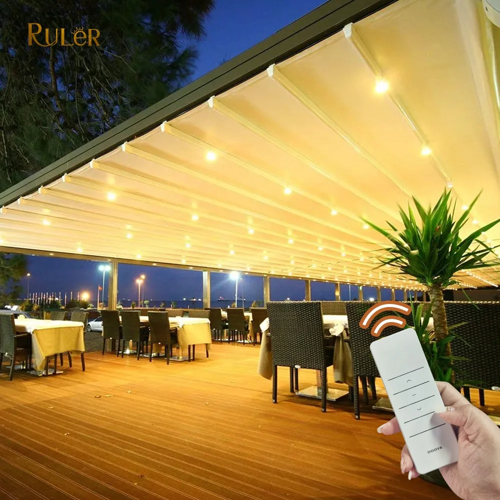 Modern Motorized Awning LED Light PVC Pergola Aluminum Frame Outdoor PVC Fabric Pergola Retractable Pergola