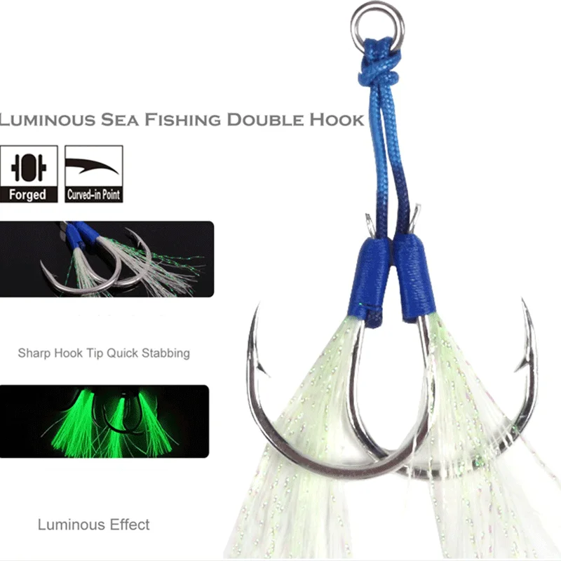 Fishing Hooks Sea Glow 2/0 3/0 4/0 5/0 7/0 Fish Assist Hook Double Fishhooks Jig Slow Feather For Fishing Hook
