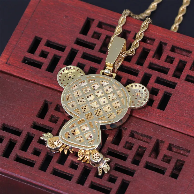 
Hiphop Jewelry Rock Style Brass CZ Colorful Frog Pendants With Cubic Zirconia Rope Chain Animal bling Necklace Men And Women 