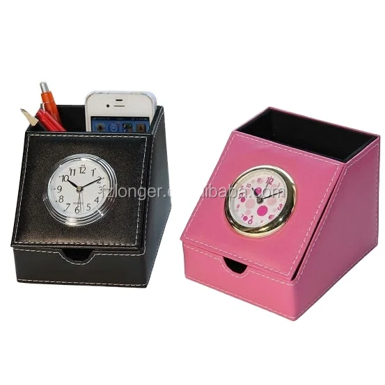 LG-B001 Pu leather handmade rectangle table deco plastic pen holder alarm clock for car remote storage box for office use
