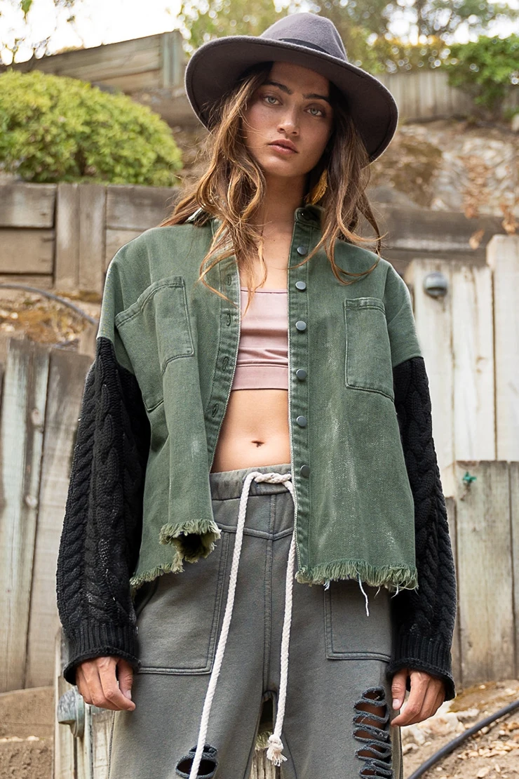 Hot Sale Ladies Solid Color Casual Jackets Loose Pocket Stitched Wool Sleeve Denim Jacket With Pockets