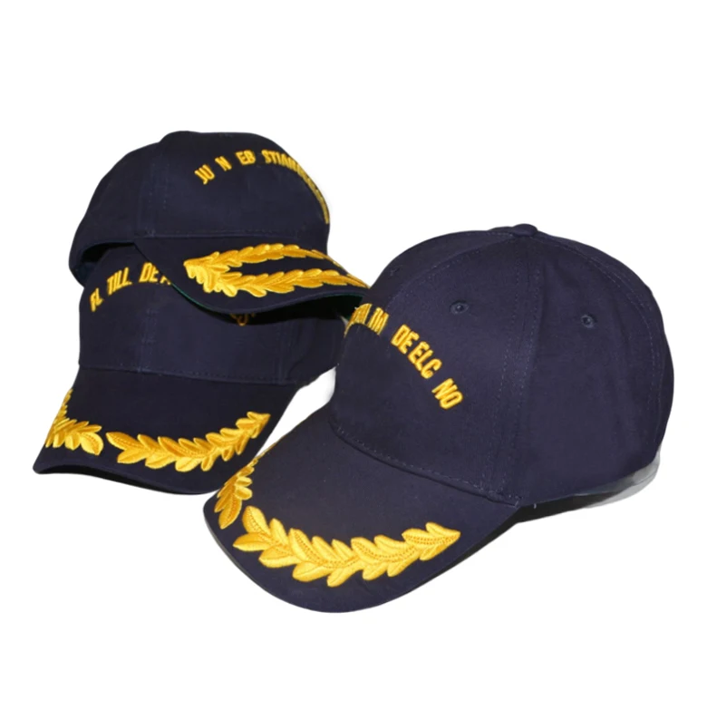 Custom cool style baseball cap wholesale oak leaf sprig visor olive branch navy blue baseball cap