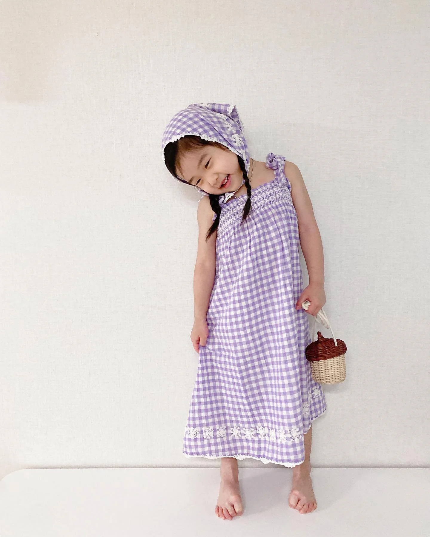 Kids cotton dress 2022 sprinting style children clothes flare sleeves checked gingham long dresses smocking stitch dress