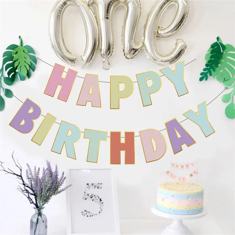 Wholesale happy birthday Party Flag decoration Pulling gold edge colorful Style Boys and Girls party decor Hanging Flag
