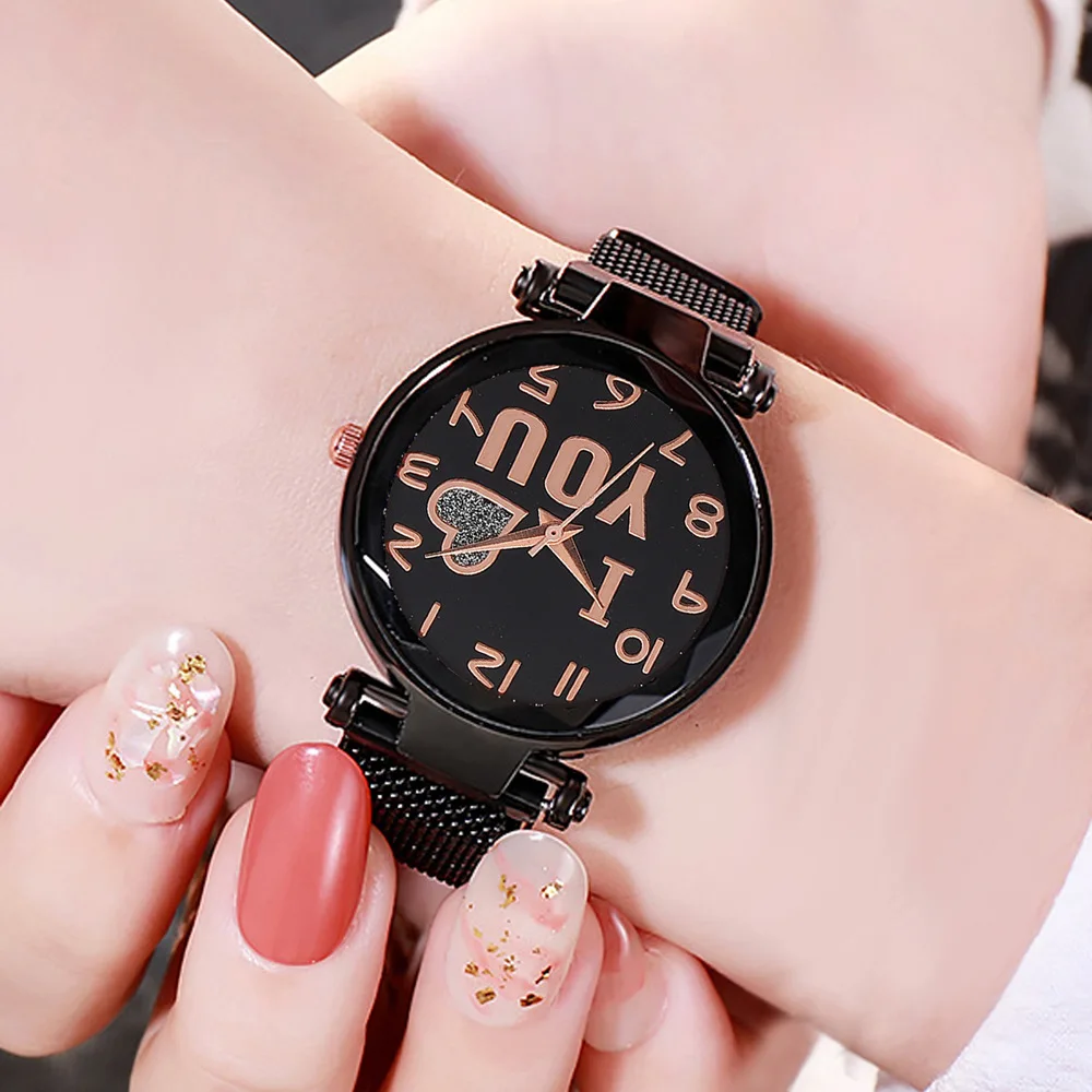 Luxury Quartz Starry Sky Heart Dial Ladies Wrist Watches Magnetic Mesh Band Watch and Bracelet Set