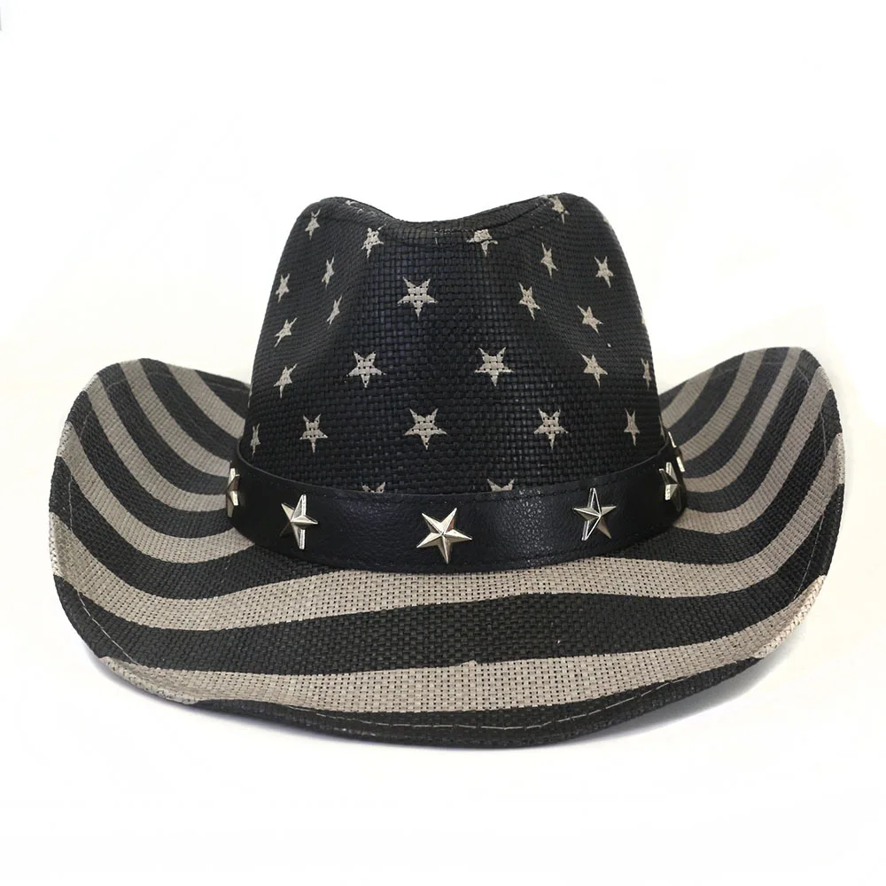 Classic American Flag Western Vintage Summer Sunhat Western Style Cowboy Straw Hat Flag