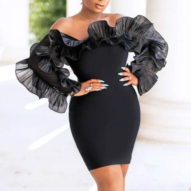 Sexy Mini Off Shoulder Bodycon Chic Ruffles Patchwork Lady Club Dress